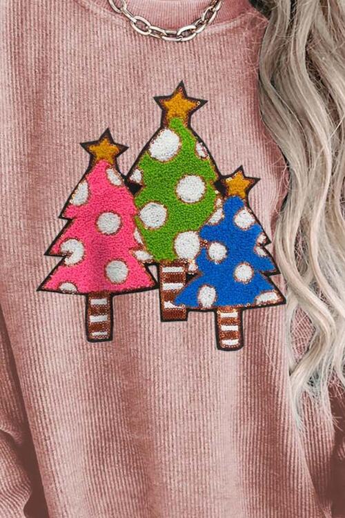 Sudadera con hombros caídos y cuello redondo con diseño de árbol de Navidad